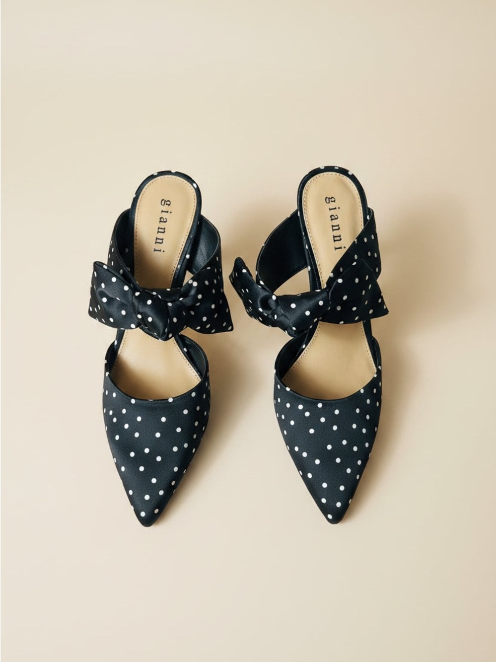 Ganni Black White Polka Dot Pointed-Toe Bow low heels